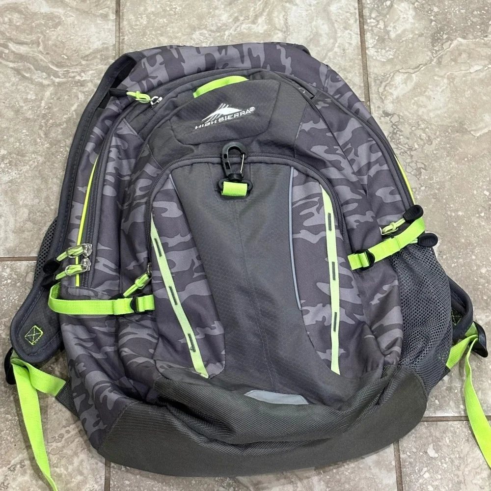 High Sierra Grey Camo Backpack Lime Green Suspension Strap School Hiking Bag